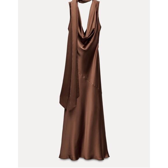 NEW! Zara brown satin cowl maxi dress with neck scarf - size XS - Picture 1 of 7